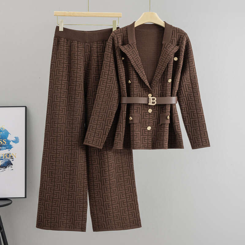 Women's Knit Suit Set, Casual Two-Piece Sweater Outfit With Button-Up Blazer, Waist Belt, Brown Polyester Jacket and Geometric Print Pants for Autum