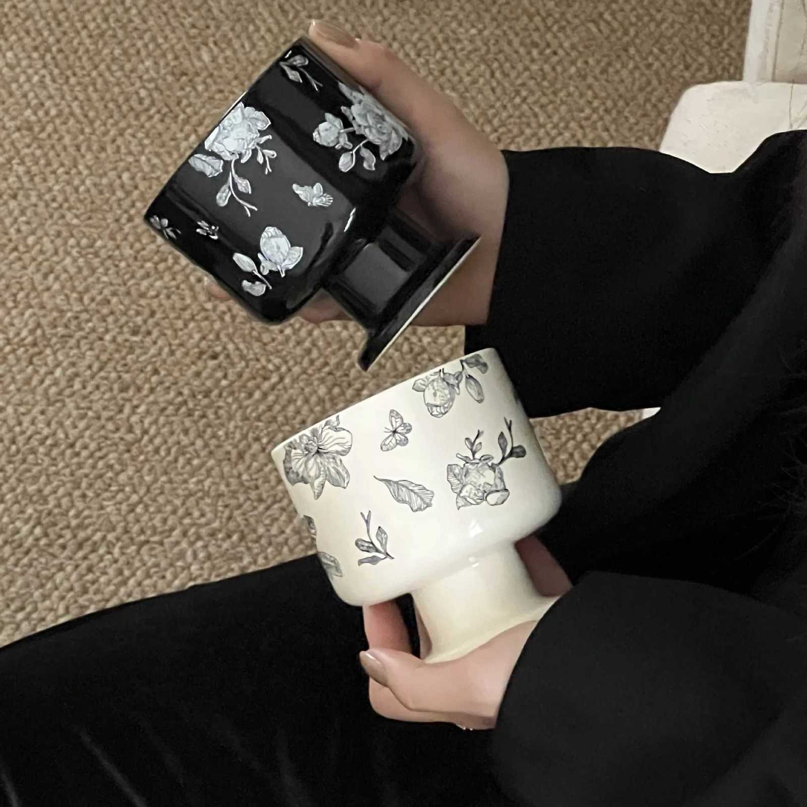 Ins Nordic Vintage Camellia Ceramic Goblet Creative Ice Cream Dessert Mug Christmas Gift Coffee Mug Tea and Cup Sets for Drinks C251224-image-1089542275