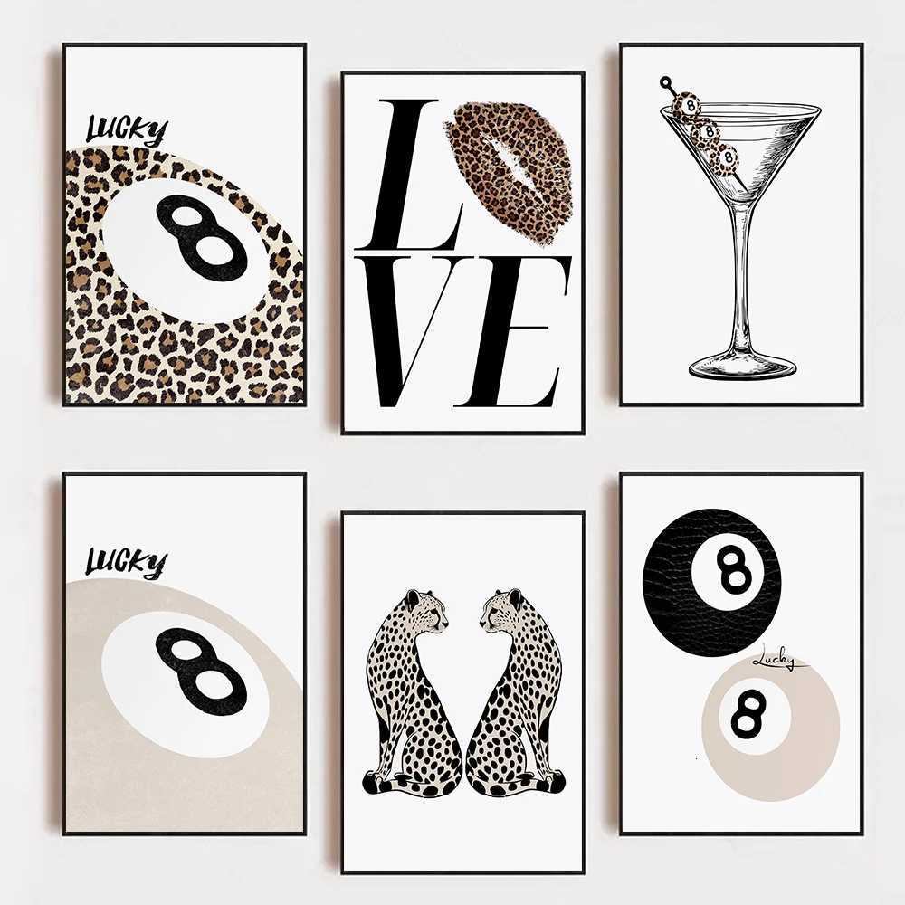Funky Dirty Martini Cocktail Leopard Lucky No8 Ball Lipstick Kiss Poster Canvas Painting Wall Art Pictures Home Bar Decor Y251224-image-1089551800