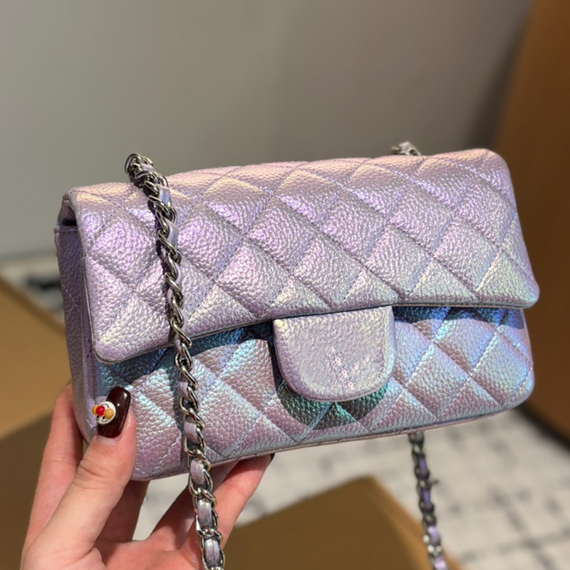 Designer Women Mini Shoulder Bag 20cm Rainbow Leather Diamond Check Silver Hardware Metal Buckle Luxury Handbag Matelasse Chain Crossbody Makeup Bag
