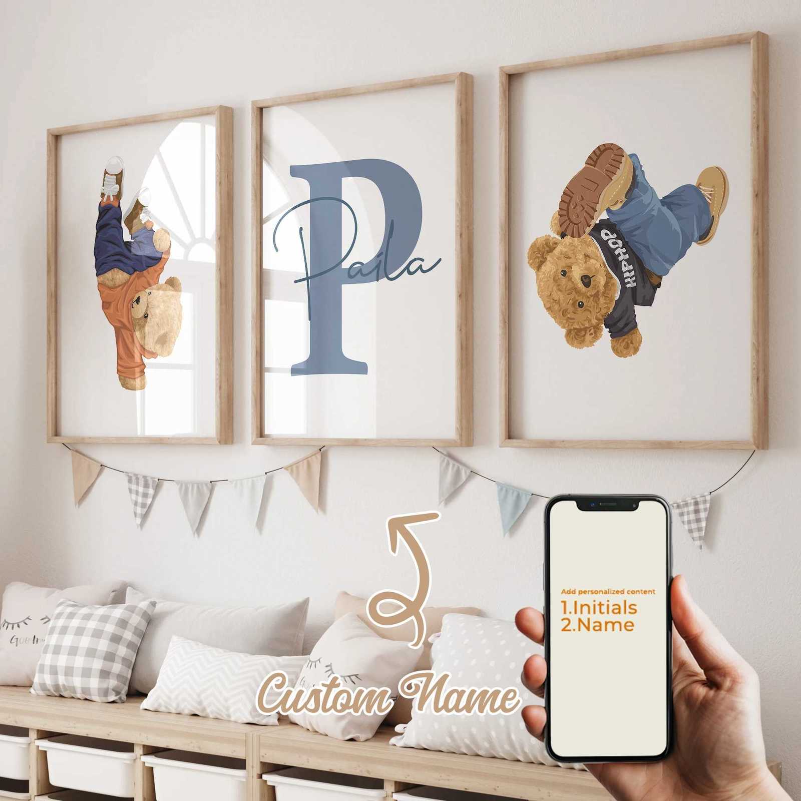 3pcs Teddy Bear Sports Name Customization Wall Art Prints Canvas Painting Poster Picture For Living Bed Room Home Decor Y251224-image-1089551999