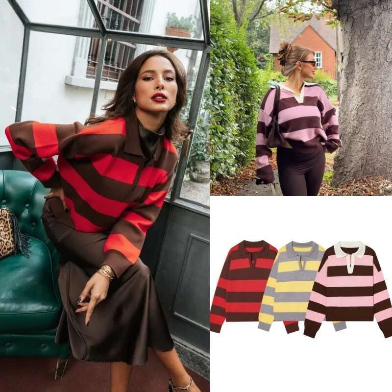 Free ShippingAutumn Women 's New Line Street Style Fashion Yellow Wide Stripe Designer Fashion 2026 Polo Neck Loose Version Of Long-Sleeved Swe