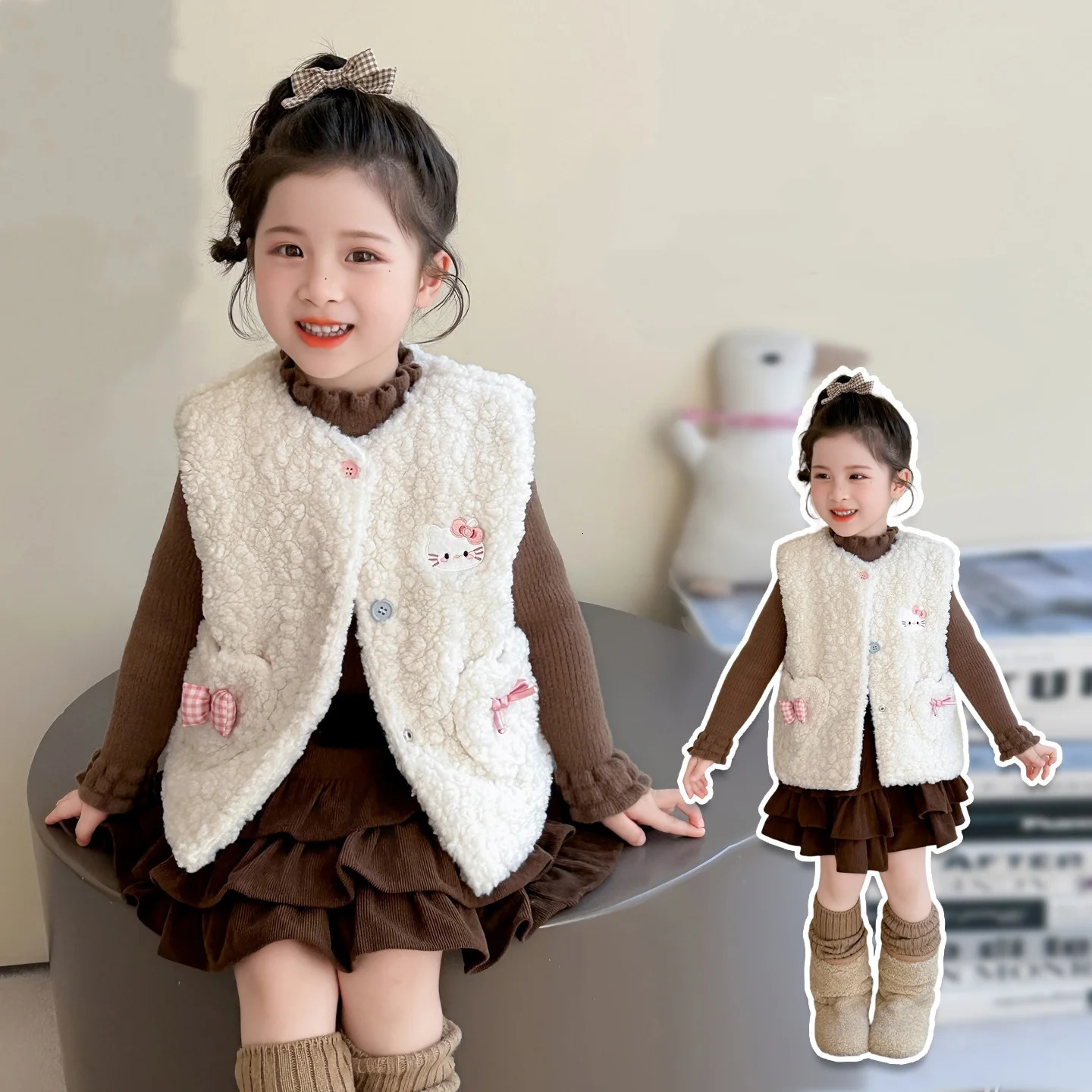 1PC Kawaii Girls Sherpa Vest Fleece Lined Warm Sleeveless Coat Cartoon Bow n for Toddler Kids 2025 Winter 251223BJ