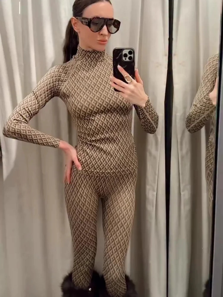 Women Print Base Layer Set Sheath Long Sleeve Turtleneck Pullover Trousers Chic Allmatch Twopiece Sets Sport Street Underwear 251225