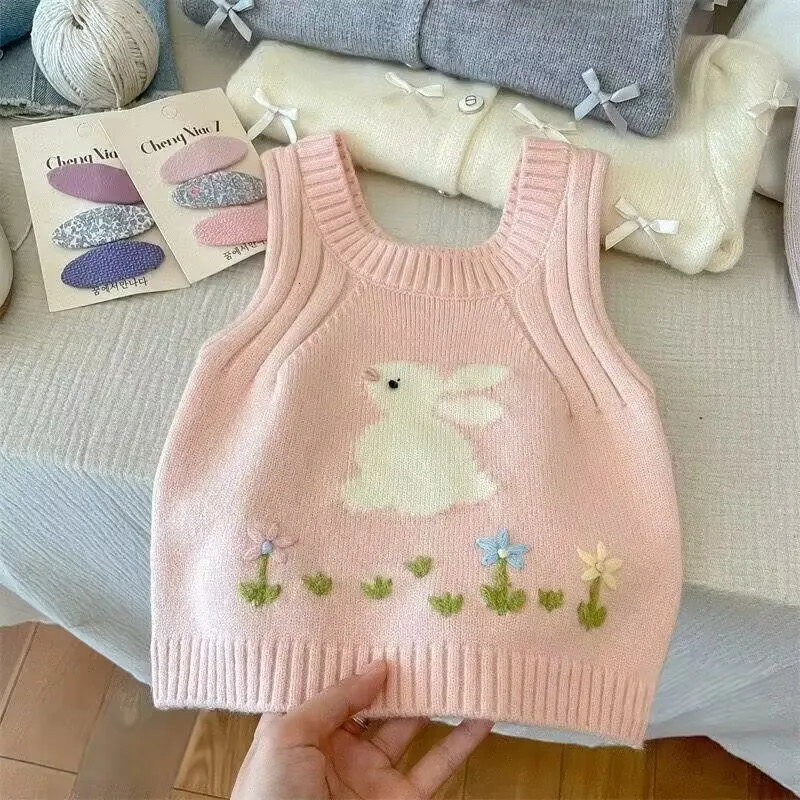 Girls Sweater Vest Autumn Winter Childrens Cartoon Rabbit Round Neck Warm Waistcoat Korean Kids Sleeveless Sweaters 251223BJ