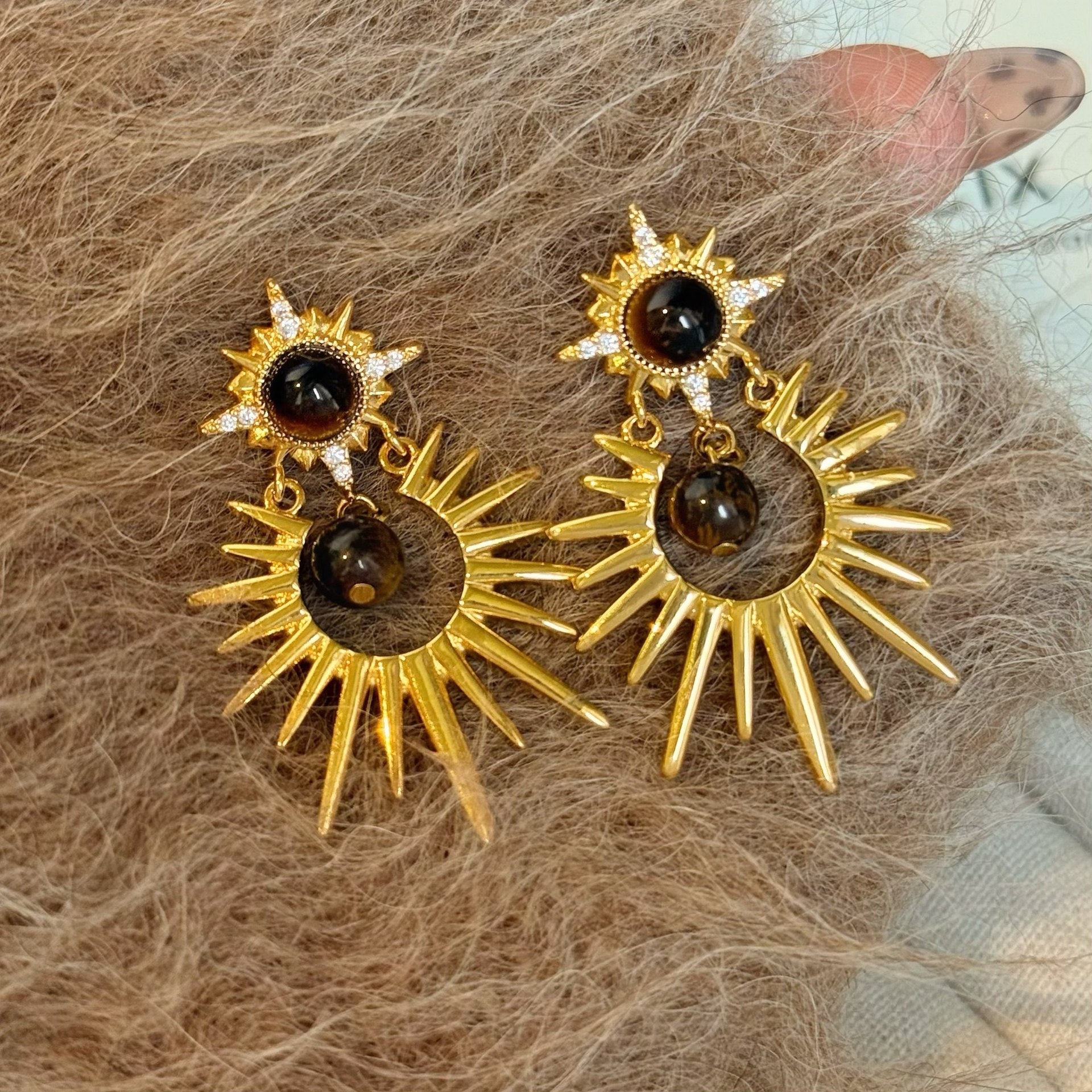 Silver Needle Zircon Tiger Eye Stone Round Star Stud Melad Vintage Light Luxury High-end Niche Earrings for Women-image-1089656457