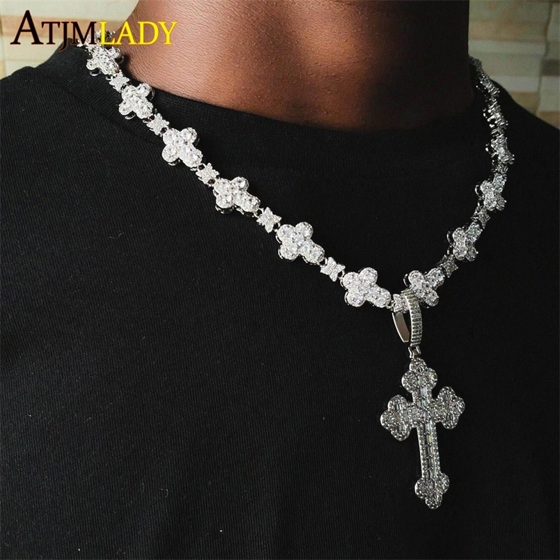 Collier avec pendentif croix glacée pour hommes et femmes, chaîne à maillons étoiles, breloque CZ scintillante, bijoux Hip Hop à la mode, 2025, 2