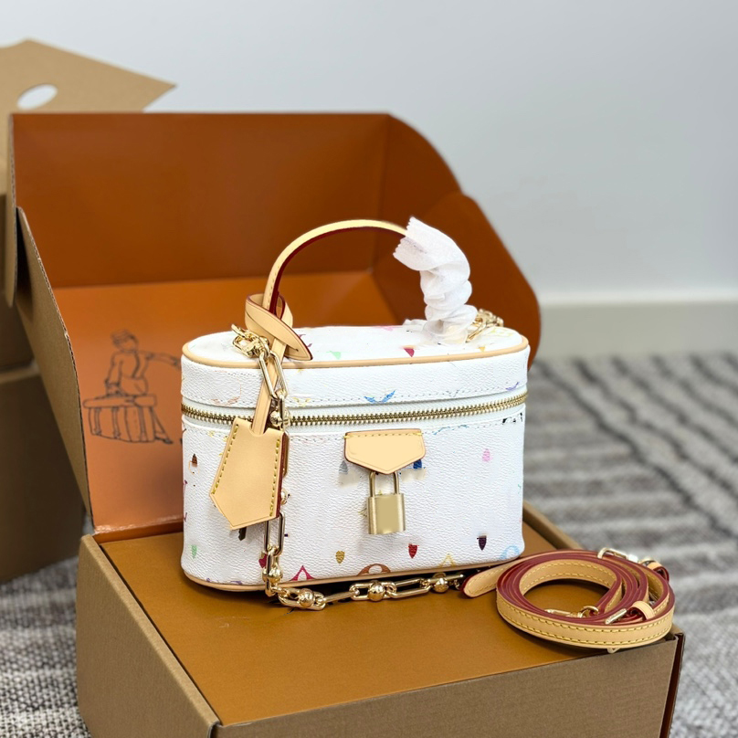 Designer Calfskin Colorful Old Flower Vanity Chain Pouch Cosmetic Case Bags Makeup Box Top Handle Clutch Tote Gold Metal Chain Crossbody Zipper Purs