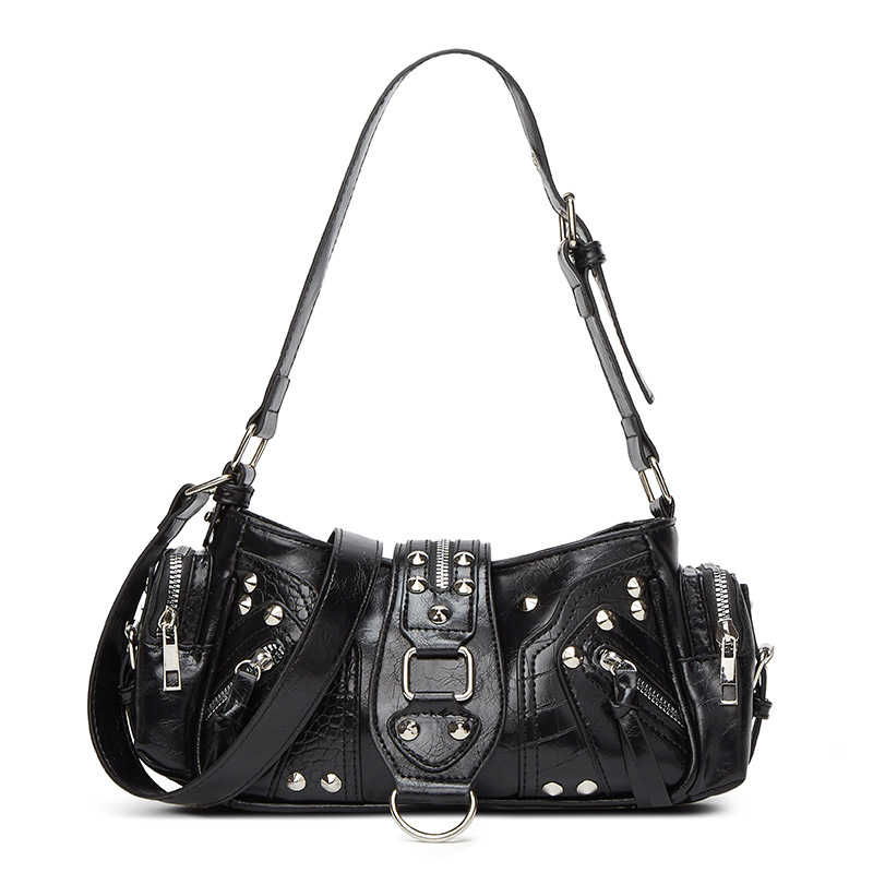 Free Shipping Fashionable Motorcycle Bag New Arrival 2026 Versatile Trend Studded Cool Shoulder Bag Black