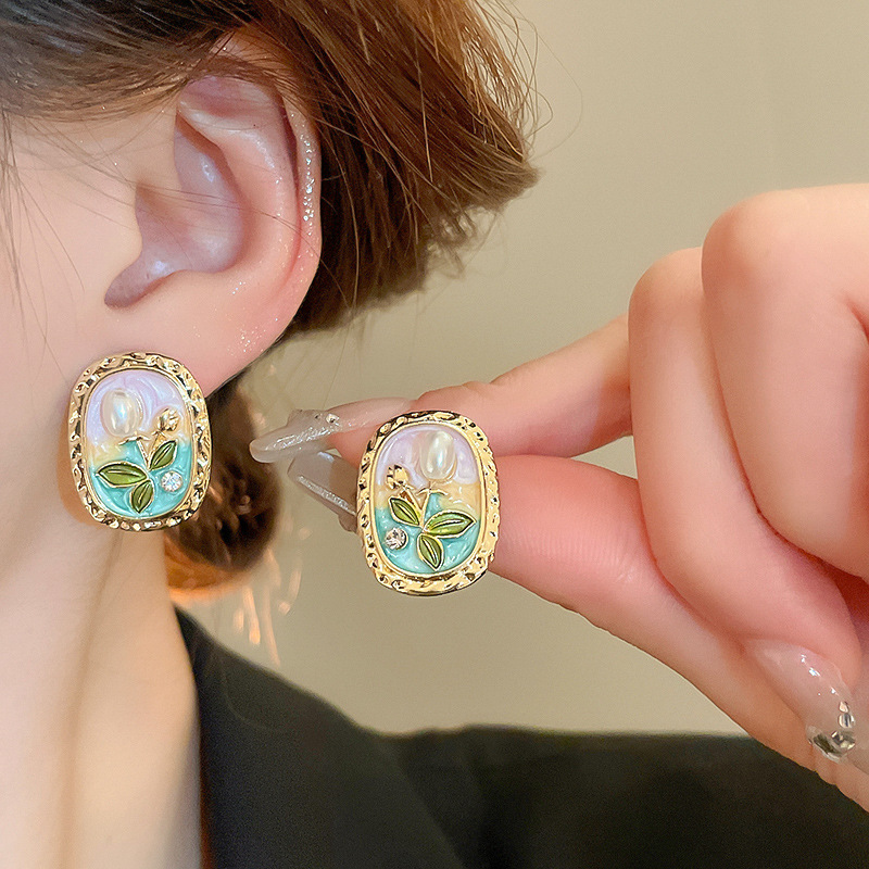 Boucles d'oreilles en argent, aiguille ovale, fleur, perle, jardin Monet, Style palais rétro français, douces et fraîches