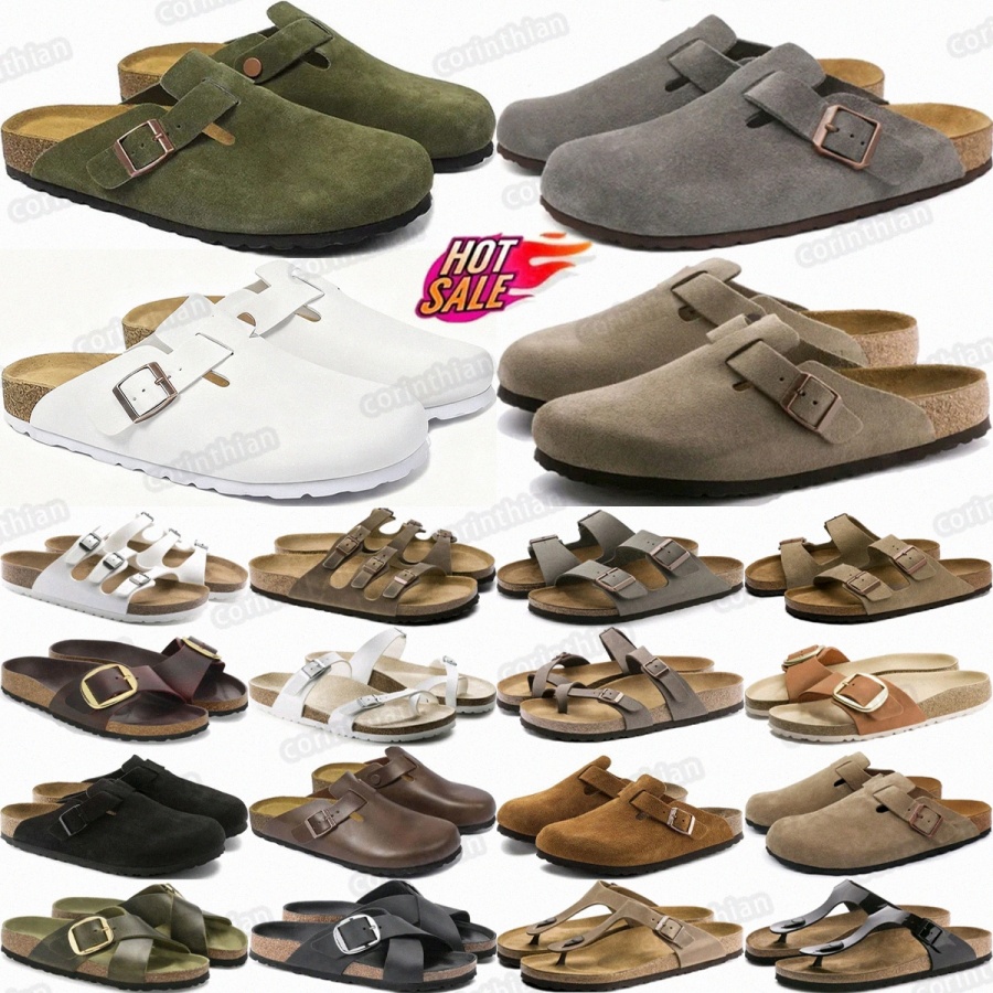designer clogs slides clog mens sandal Boston sandals Arizona Mocha Brown Mink Stone Suede Black Taupe Soft Footbed Grip Shearling womBdH7#