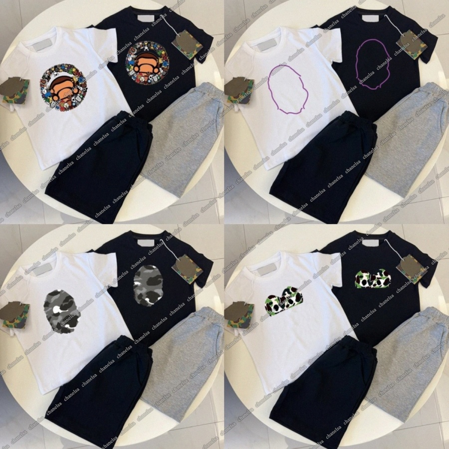 designer kids sets toddler tshirts shorts summer clothing set boys girls clothes baby Children two piece set black white grey size 90-150 k8Db#-image-1089668715