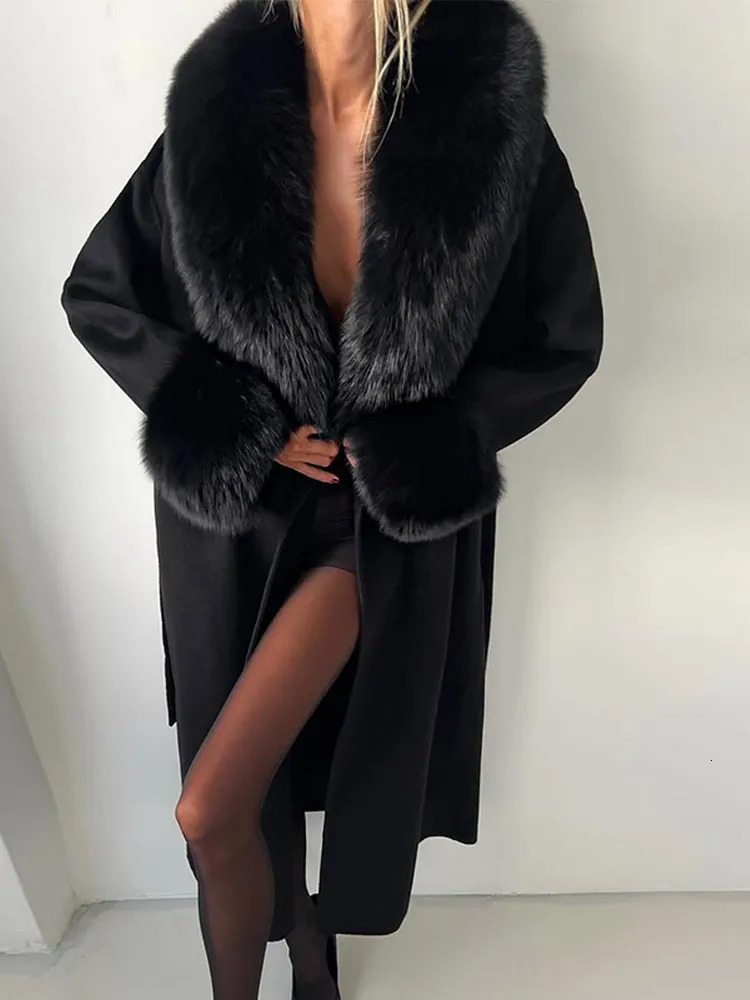 Elegant Fur Patchwork Woolen Coat Women Chic Full Sleeve V-neck Lace Up Loose Long Overcoat 2025 Lady Winter Commute Outwear 251212