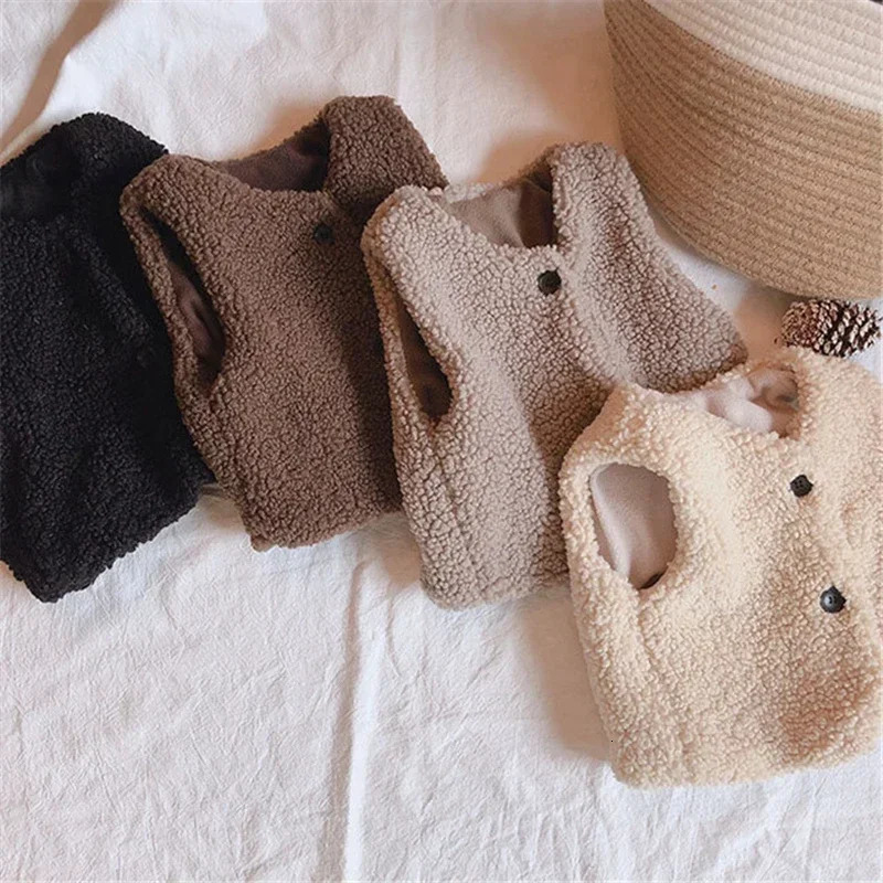 Autumn Winter Baby Lamb Wool Plus Velvet Waistcoat Girls Boys Plush Vest Single Breasted V Neck Child Warm Fashion Warm Coat 251223BJ