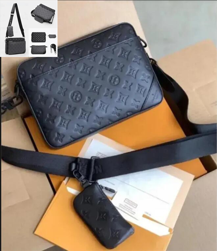 Sacs homme de luxe 3 pièces en cuir noir fleuri bandoulière portefeuille shopping