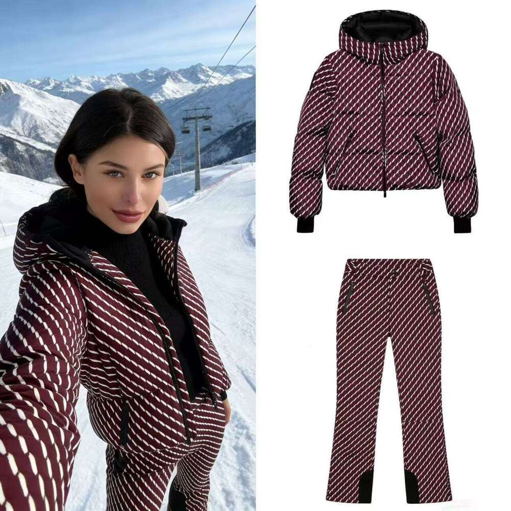 Épaissir chaud vêtements de ski pour femmes rose col haut à capuche coton rembourré manteaux jambe droite pantalons à glissière 2025 nouveau hive