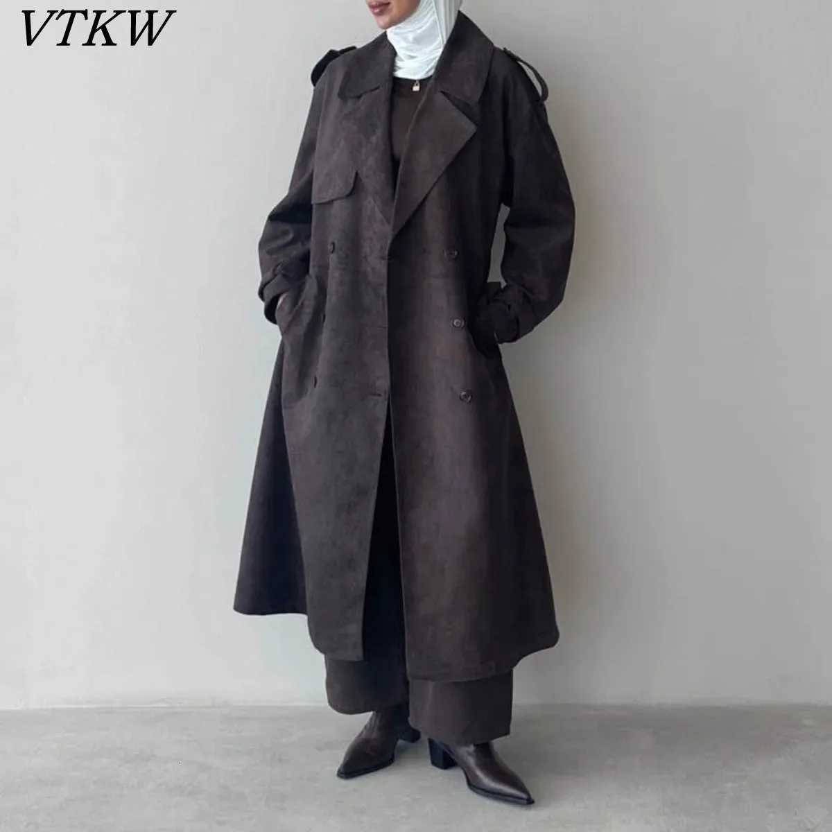 VTKW 2025 Spring Womens Suede Long Trench Coat Lapel Double-breasted Elegant Loose Outerwear Fashion Casual CoatT251226