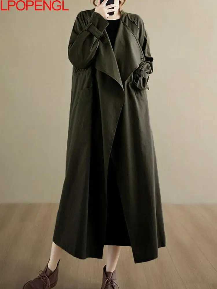 New Autumn 2025 Loose Long Drawstring Vintage Windbreaker Jacket Solid Color Fashion Woman Turn-down Collar Temperament TrenchT251226