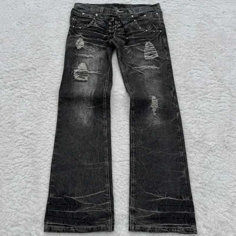 Men Jeans Y2k Retro Damaged Washed Holes Gothic Style High Quality Trend Double Waisted trousers Add Nails Women Long Flared Pants Denim