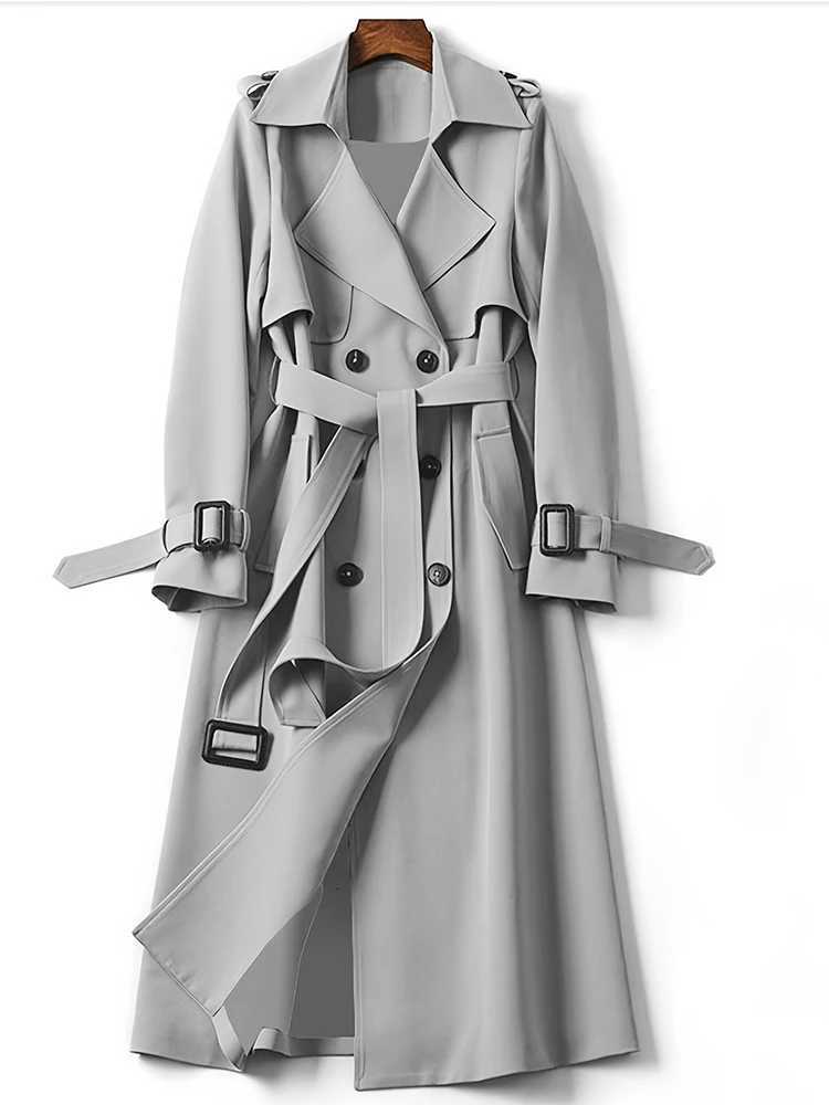 2024 Autumn Winter Solid Color Trench Coat Double Row Button Design Waist Lapel Simple Style for LengtheningT251226