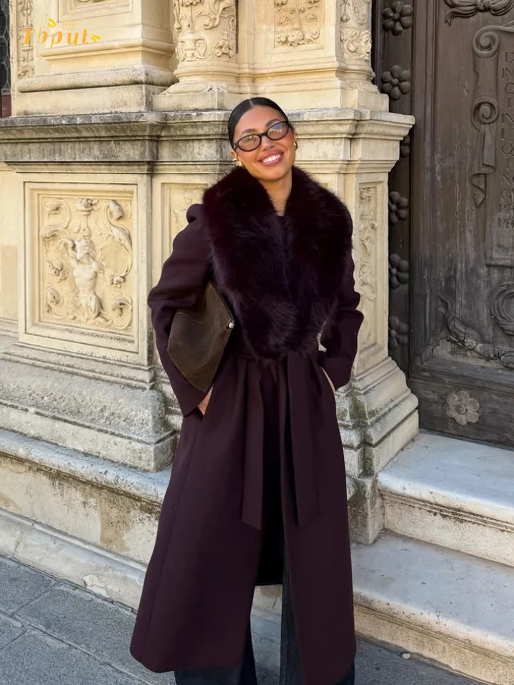 Elegant Fur Collar Woolen Blend Overcoat Women V-neck Full Sleeve Lace Up Loose Long Coat Lady Daily Commute Street Outerwear 251225