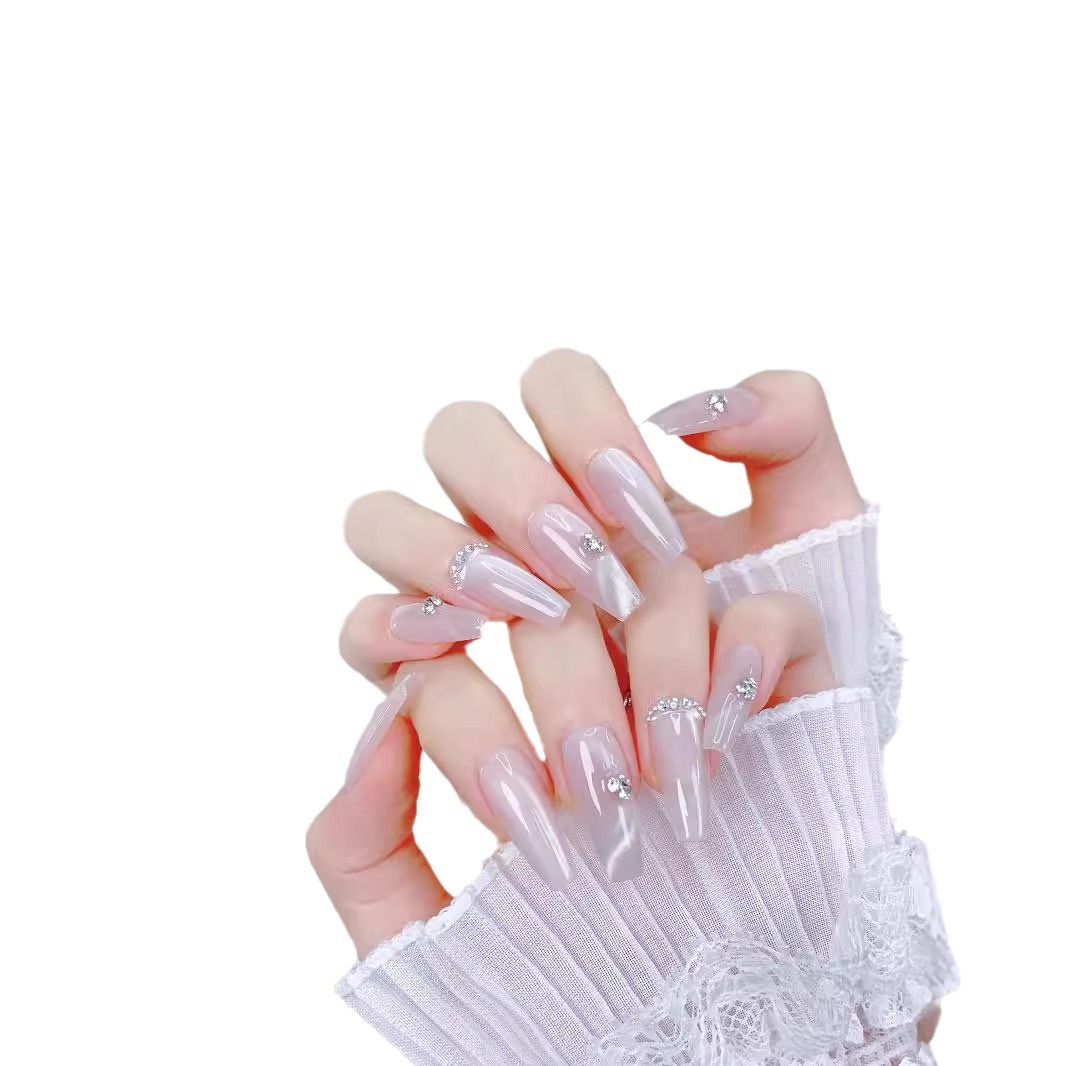 canruo fanxing pure handworn nail piece nude color gradual change french cat eye flash diamond temperament wearable nail sticker-image-1089836903