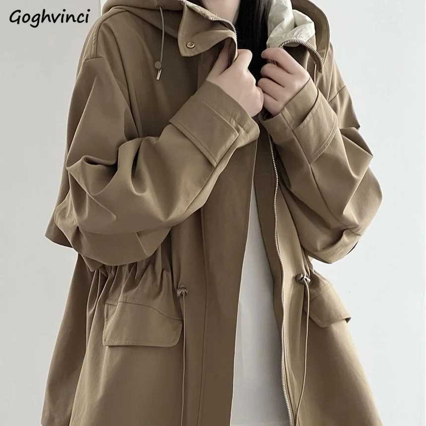 Trench Women Drawstring Adjustable Waist Loose Solid Hooded Coats Simple Outwear Chic Kpop All-match Vintage Fashion Leisure 4XLT251226