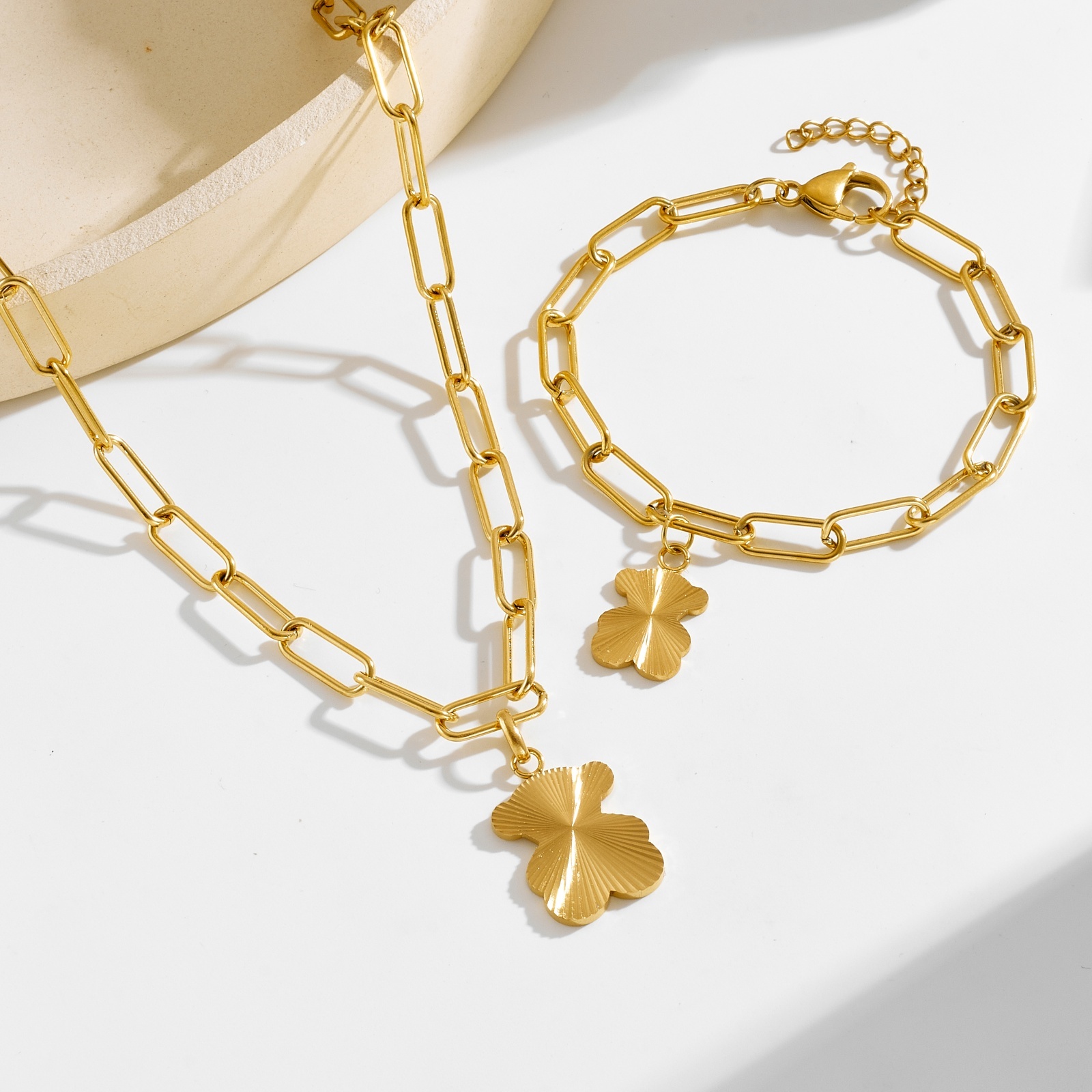 New Fashion Women Men Girls Silver Gold Stainless Steel Span Bear Hollow Animal Black Letter Shell Sector Heart Chain Pendant Bracelet Necklace J-image-1089949320