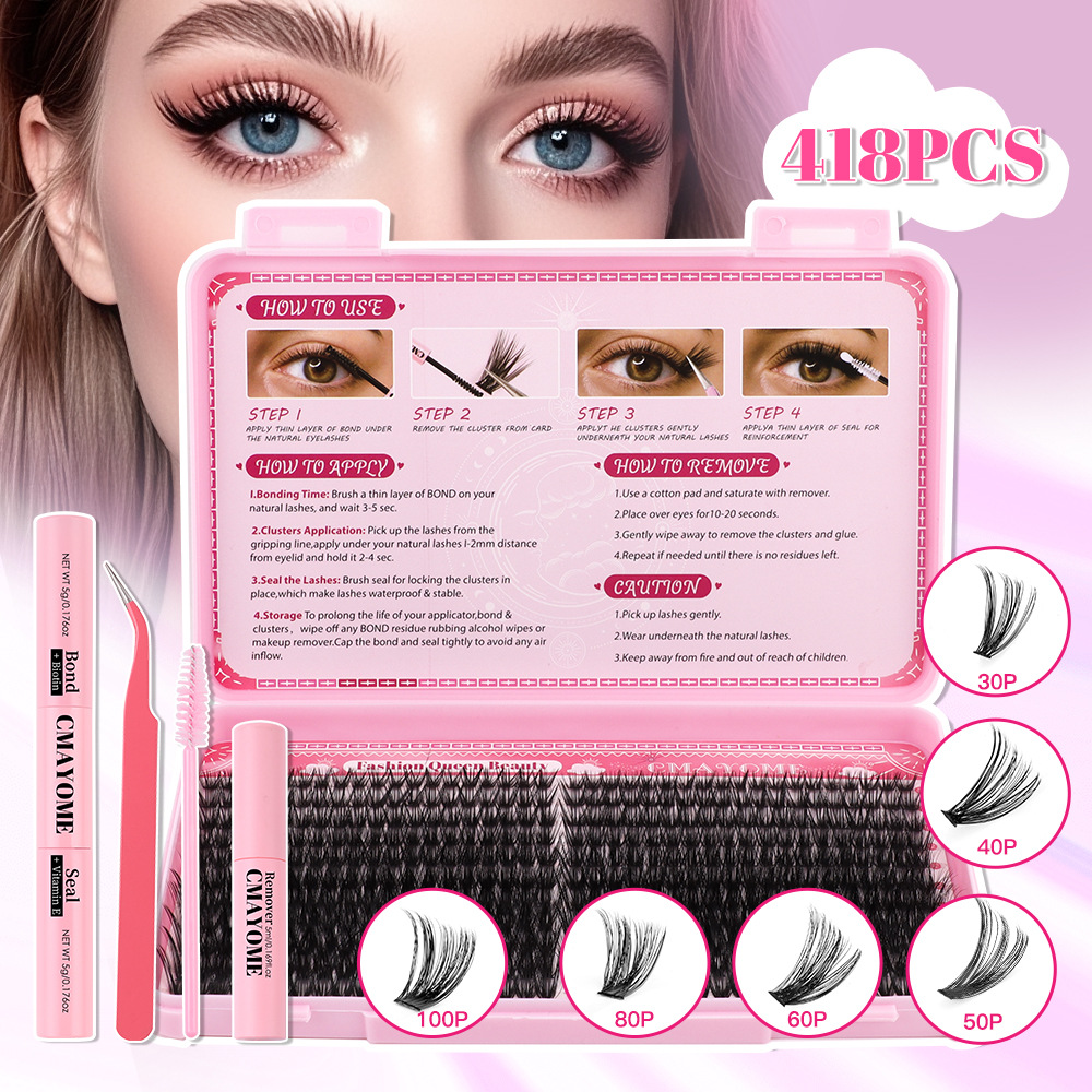 418Pcs Thick Fluffy DIY Cluster Lashes Kit with Lash Bond & Seal Hand Made Reusable DIY Segmented Eyelash Extensions Beauty Supply Soft Light Ind-image-411472121