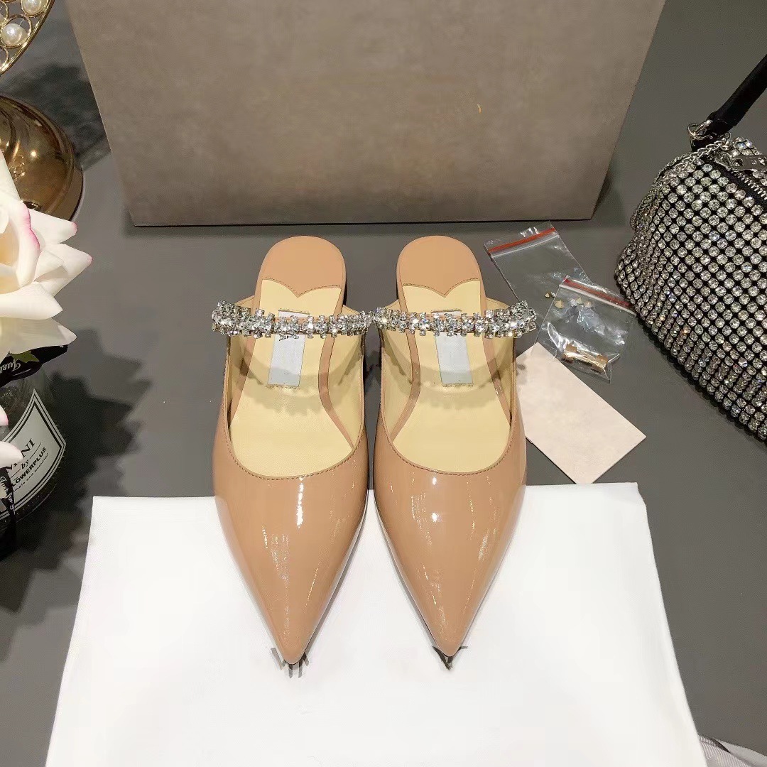 26 new model Designer shoes with pointed rhinestones straight strap slippers women s bag thin heels high half diamond studded chain sandals luxury