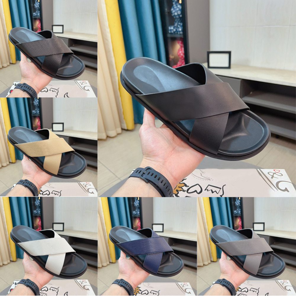 Designer hommes chevrons tongs en cuir de veau sangle croisée plage sandales plates décontracté chaussures quotidiennes 1014