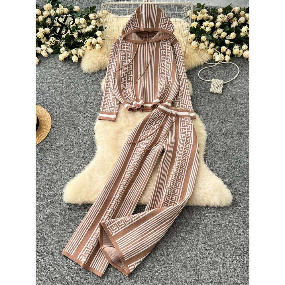 Designer Clothes SINGREINY Winter Fashion Knitted Two Pieces Suits Women Hooded Thick Warm Pullovers Wide Legs Pants Geometric Print Sweater Sets Ho