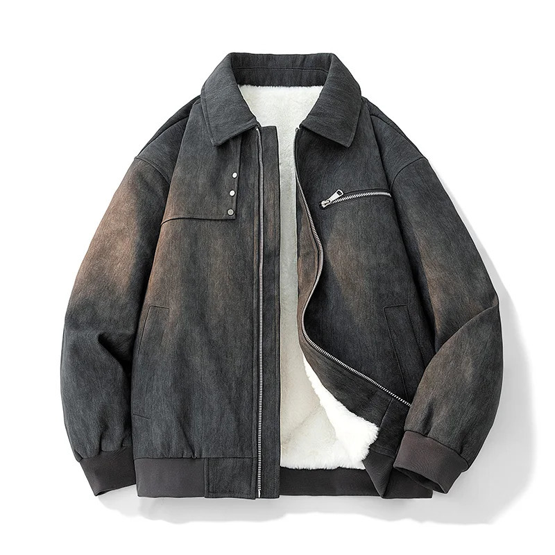 Large sized Mens Plush Thickened PU Retro Leather Jacket A Fashionable Lapel Casual Coats for Autumn and Winter 251223 93