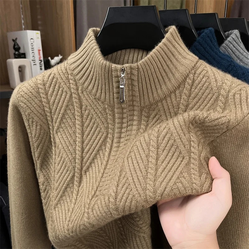 Thickened Mens Woolen Sweater with Half-high Collar and Zipper Coarse Needle Fashion Casual Sweater 251226BJ