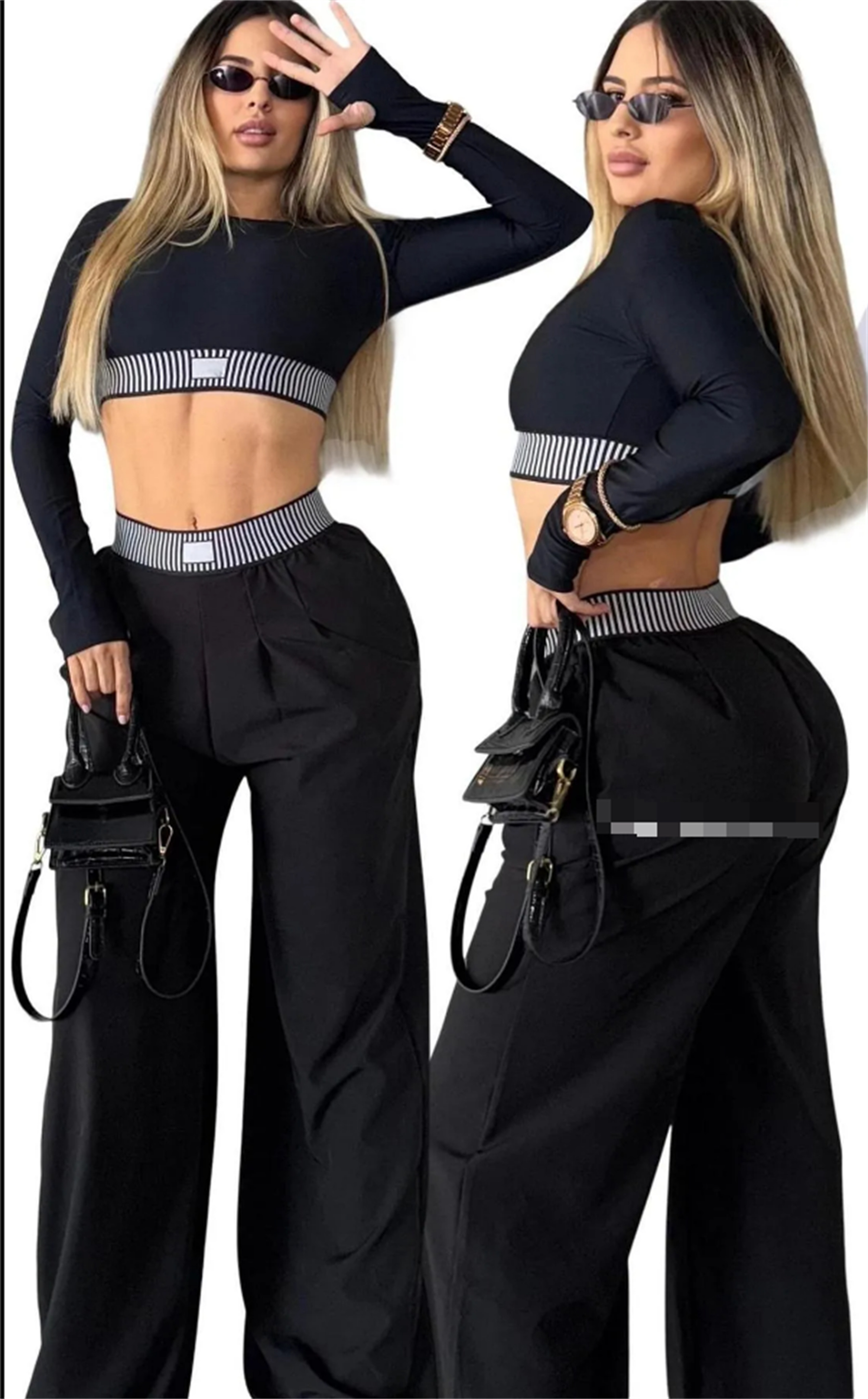 Set da due pezzi per yoga da donna Tute Designer Camicia corta Top e pantaloni larghi Manica lunga Top corto sexy Pantaloni larghi dritti a vita alt