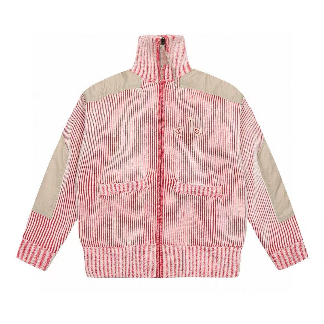 Manteau cardigan tricoté à col roulé et fermeture éclair, design classique en petits lots, à rayures brodées, automne-hiver.