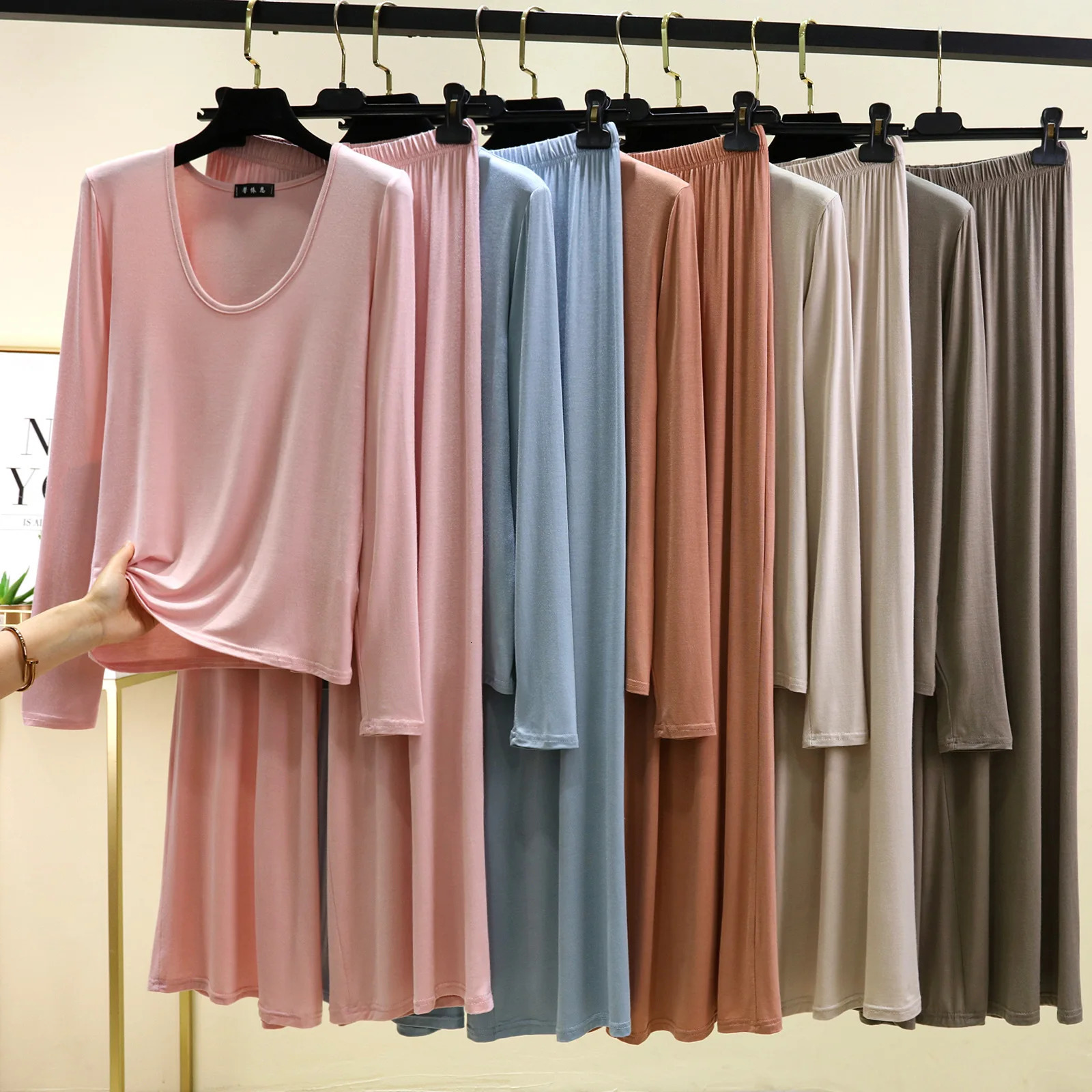 Women Pajamas M To 6Xl Modal Long Sleeve U Neck Tshirt And Wide Leg Pants Plus Size Women Loose Pajamas loungewear Set Solid Color Thin Homewear Clo