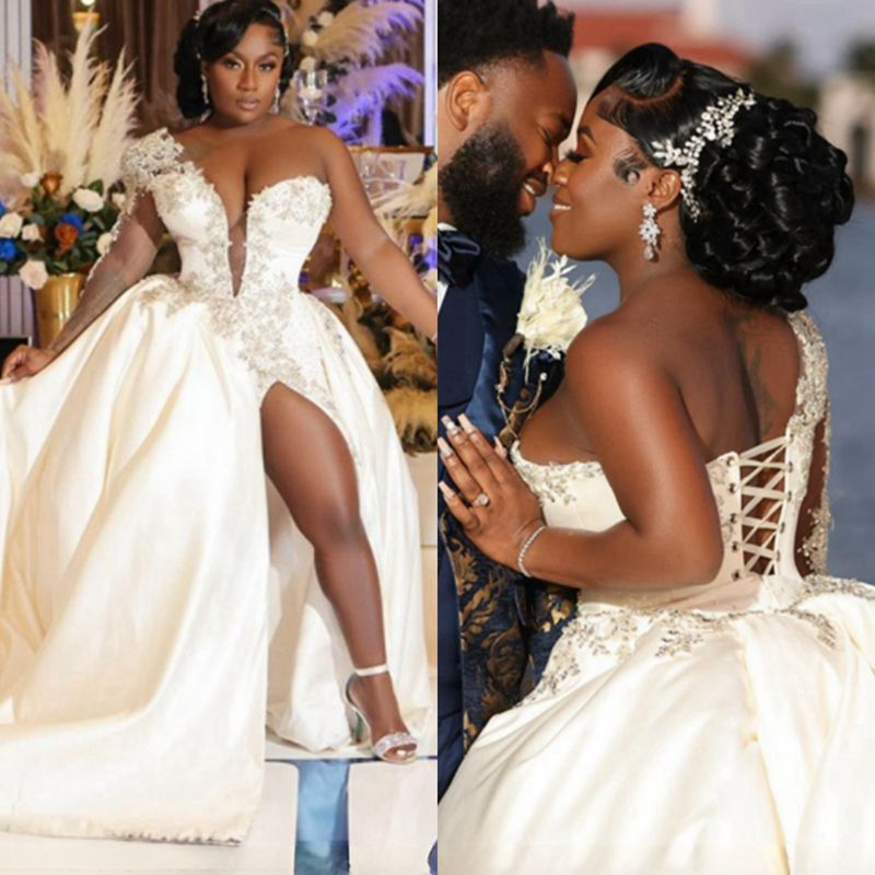 African Nigeria Wedding For Bride Plus Size One Shoulder Long Sleeves Side Split Marriage Dress Black Women Appliqued Lace Bridal Gowns Youmaigowns