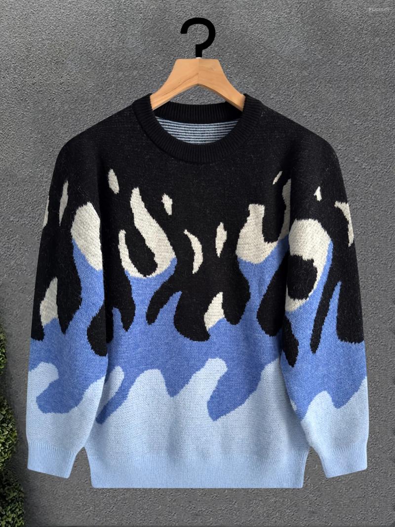 Fire Pattern Jacquard Men Winter Fall Streetwear Shirt Round Neck Long Sleeve Trendy Fashion Y2K Knitted Pullover For