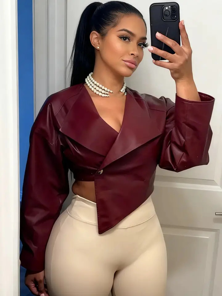 Sisterlinda Faux Leather Single Button Crop Jacket Women Autumn Trend Cross Neck Full Sleeve Wild Style Classic Streetwear Coat 251226BJ