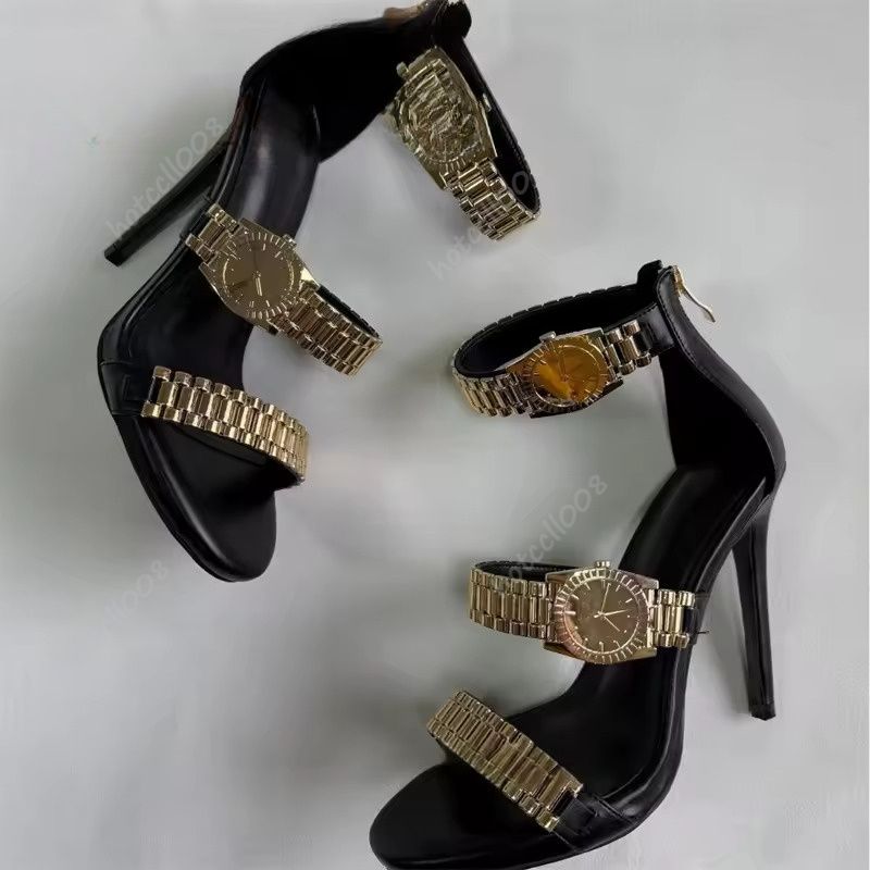 Gold Watch Studded Sandals Open Toe High Heel Ankle Strap Sandals Back Zipper Metal Chain Sexy 12cm Stilettos High Heel Sandals Summer Party Shoes