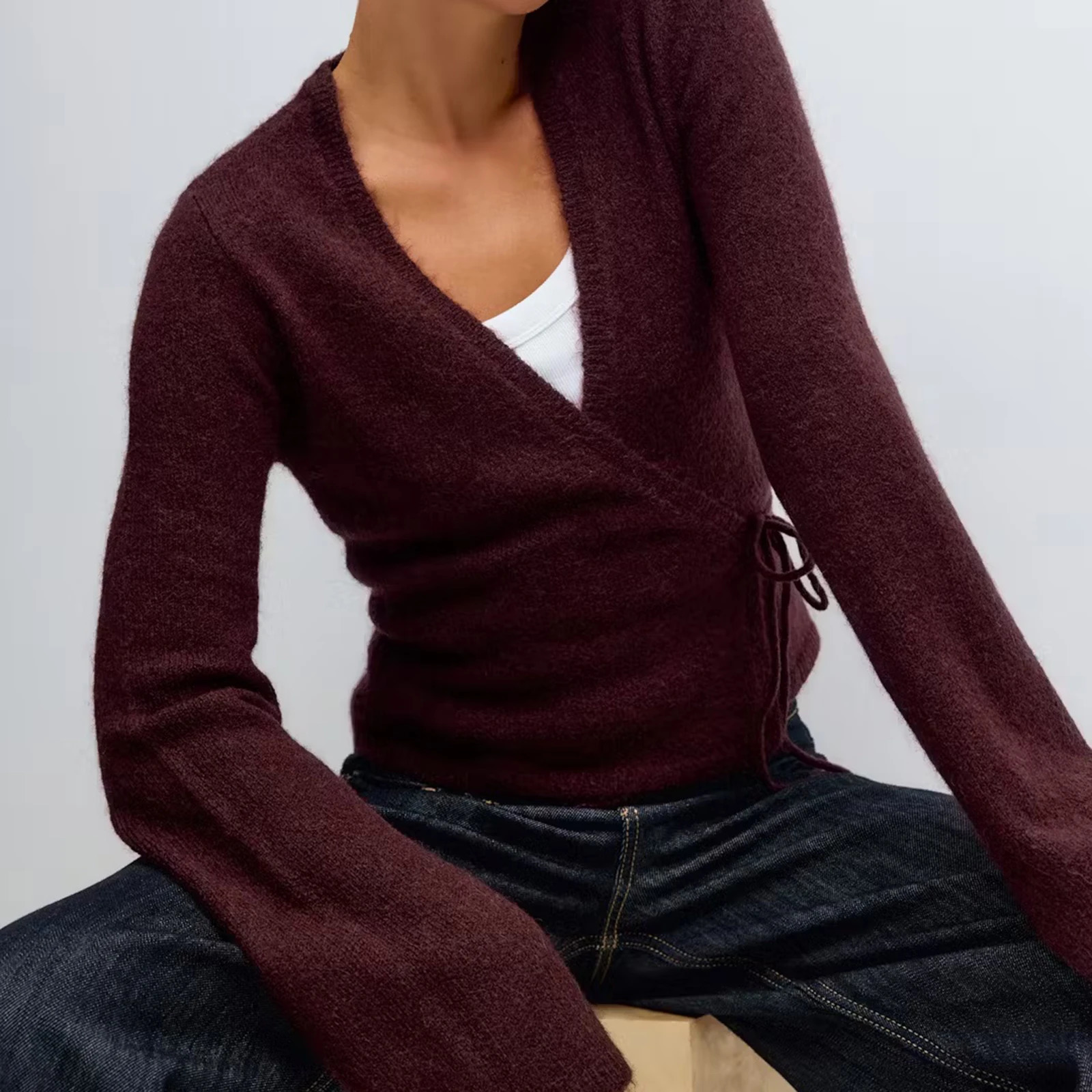 Lamuusaa Cardigans Sweaters Women Fall Winter Clothes Solid Color V Neck Long Sleeve Side Tie Up Loose Tops 2000s Streetwear 251226BJ