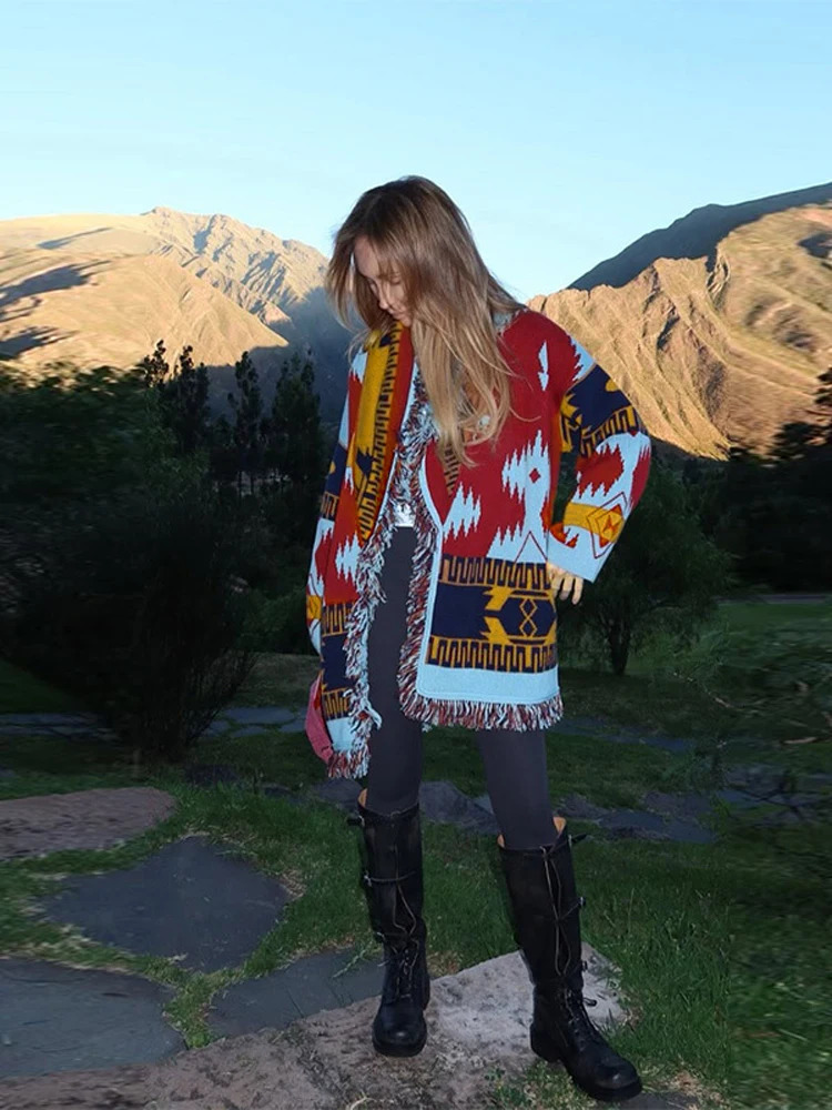 Womens Boho Print Knit Cardigan Top Fringe Trim Belted Long Sleeve Sweater Lace-up Coat High Street Outerwear Outfit 251226BJ