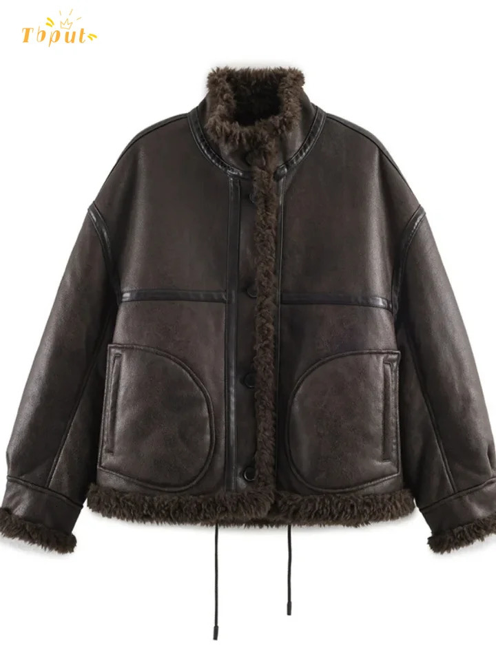 Reversible Shearling Short Jacket Womens Casual Stand Collar Full Sleeve Single Breasted Coat 2026 Lady Winter Chic Outerwear 251226BJ