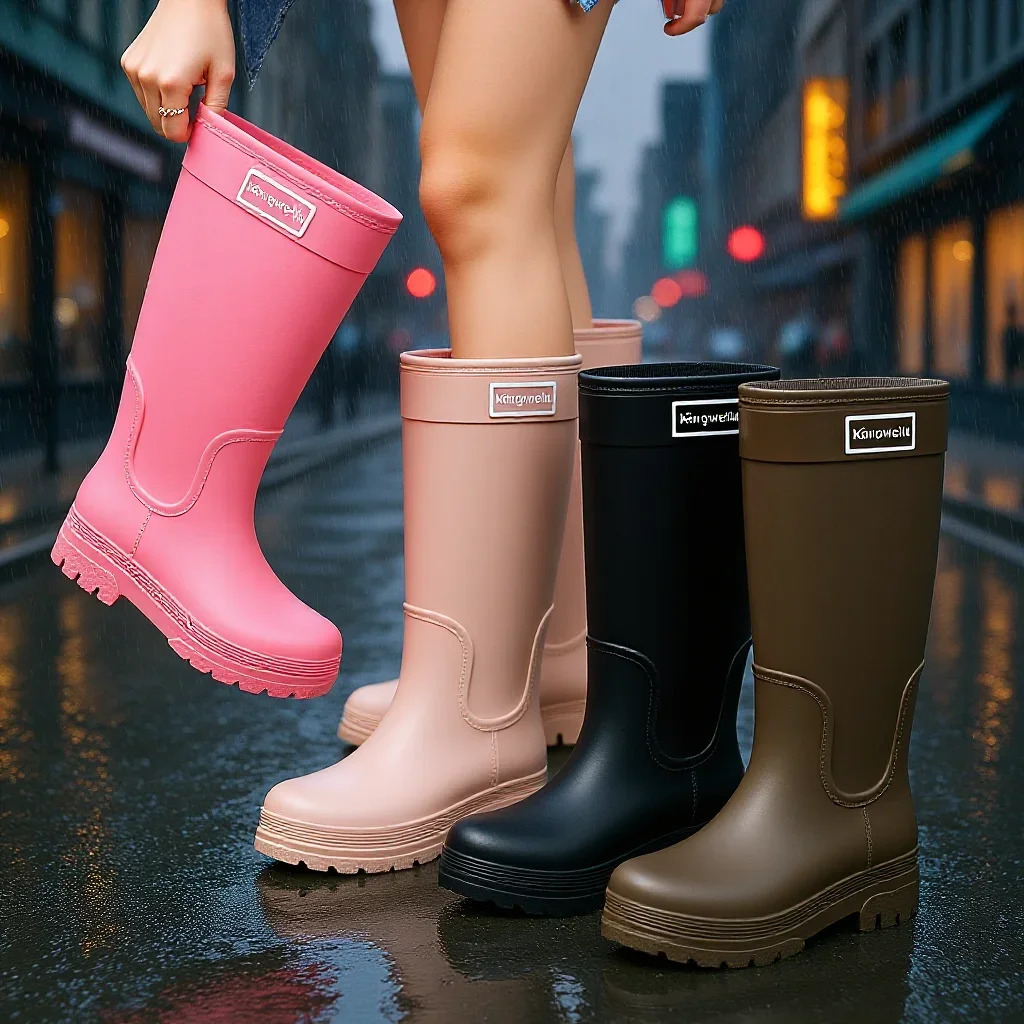 Bottes de pluie à Tube haut de Style coréen pour femmes, chaussures d'eau pour adultes, à la mode, chaudes, en coton, imperméables, en caoutchouc