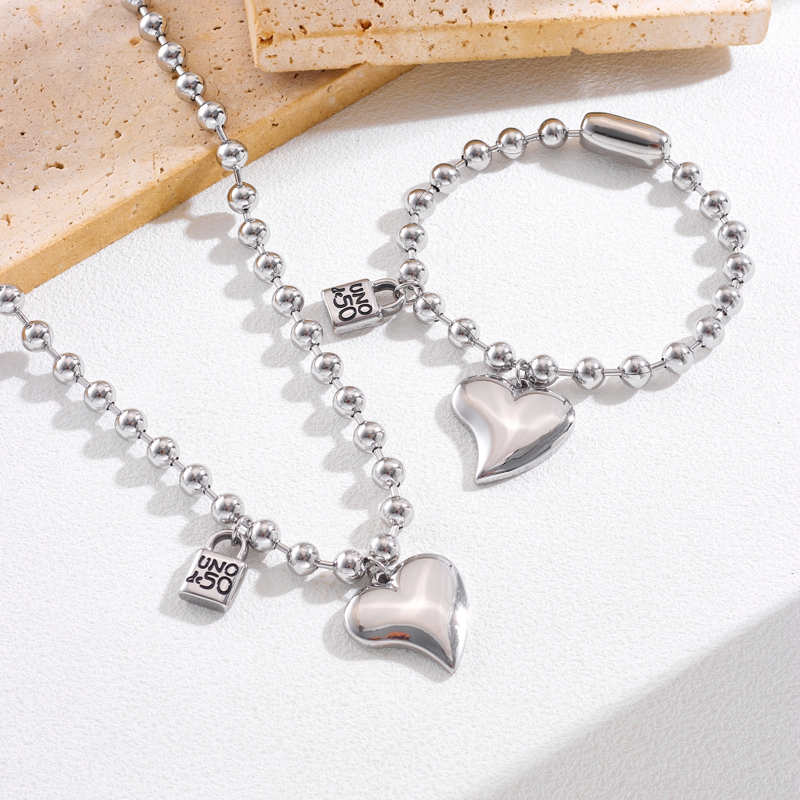 Fashion Women Men Silver Gold Stainless Steel Uno de50 Lock Key Heart Retro Letter Oil 6mm Bead Span Pendant Necklace Bracelet Sets Jewelry-image-1090117096
