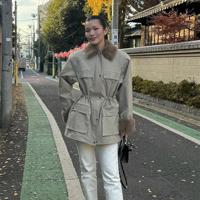 Womens Casual Zipper Slim Fit Date Jacket Faux Fur Cuffs Large Pockets Commuting Coat Female Street Fashionable Clothing 251226BJ