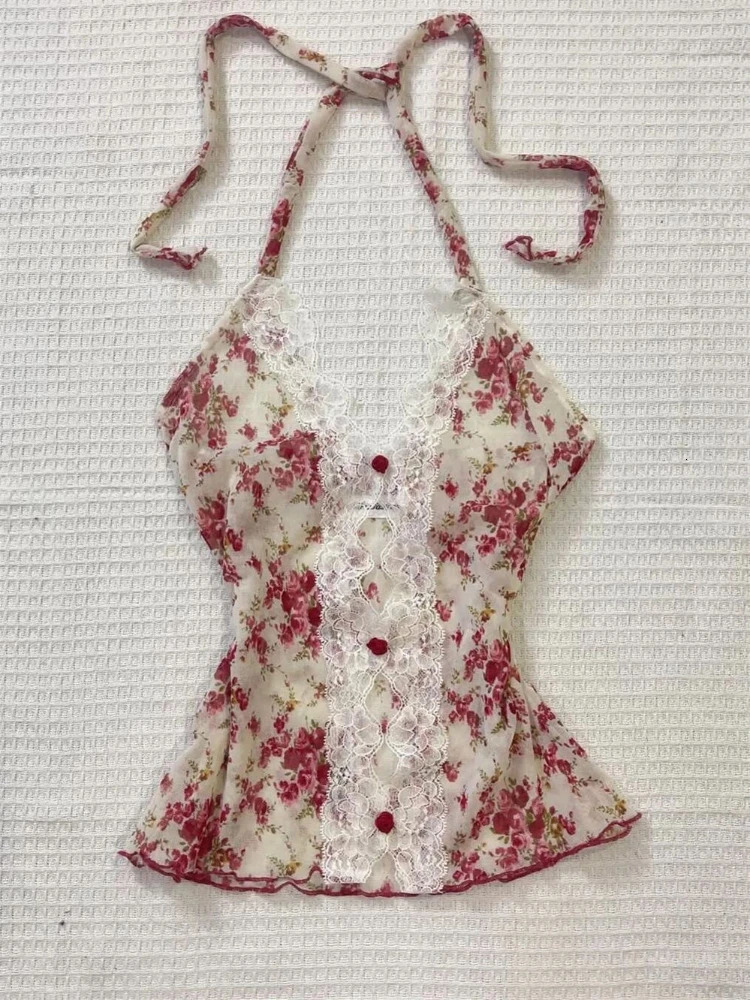 Summer Woman Floral Halter Lace Blouse Vintage Sexy Slim Fit Fairy Korean Fashion Female Tops Outfits Elegant Style 251225