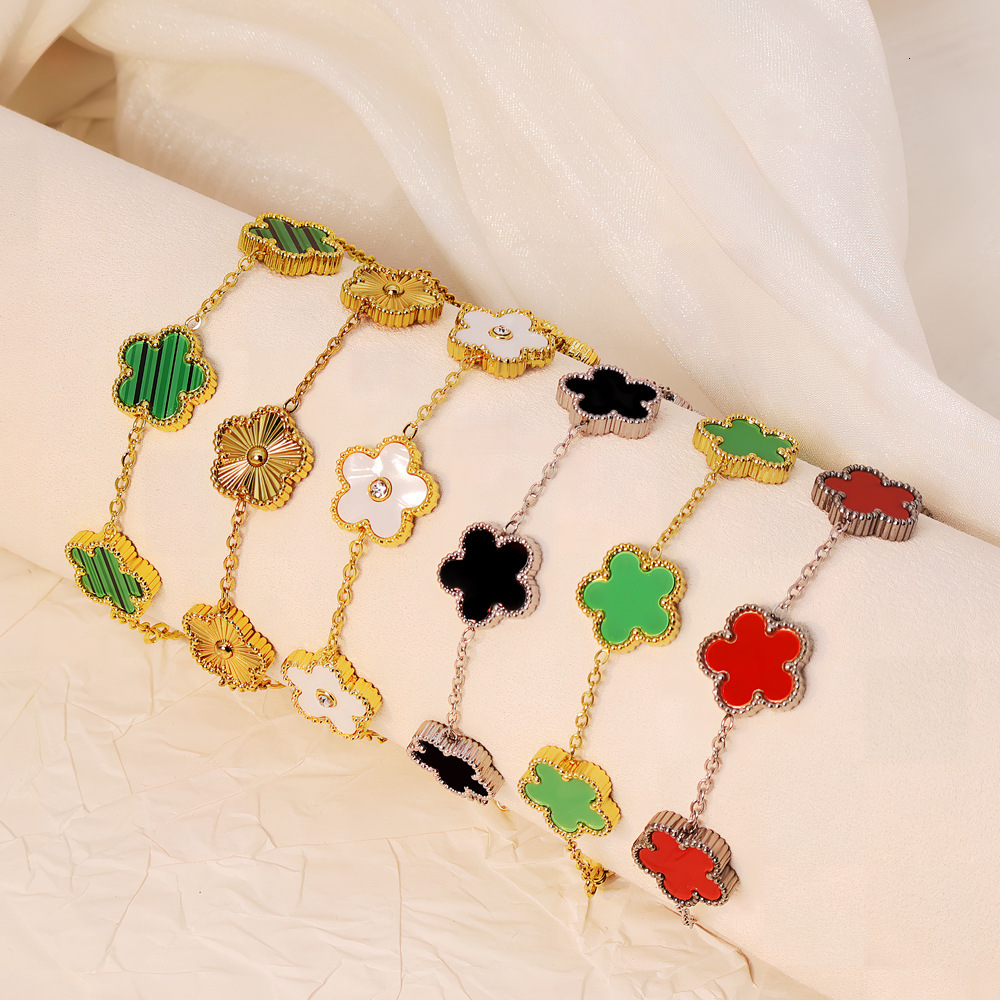 Brand Designer Jewelry Hot Sale Steel Gold Clover Mother-Of-Pearl Bracelet For Women European And American Style Fashion Simple Light Luxury Fiv-image-1110137317