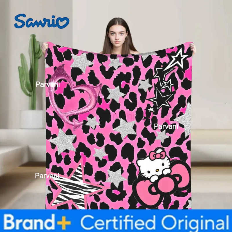 Sanrio Pink leopard Hello Kitty Flannel Blanket Super Warm Throw Blanket for Couch Chair Airplane Travel Funny Bedspread Sofa Bed Cover H251230-image-1090300151